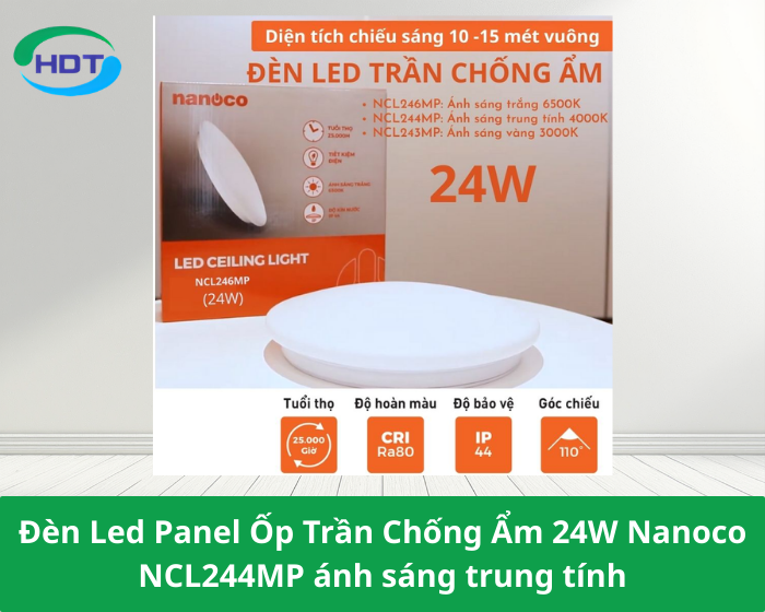 Đèn Led Panel Ốp Trần Chống Ẩm 24W Nanoco NCL244MP ánh sáng trung tính