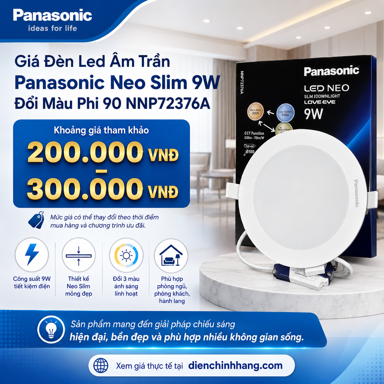 Đèn Led Âm Trần Panasonic Neo Slim 9W Đổi Màu Phi 90 NNP72376A