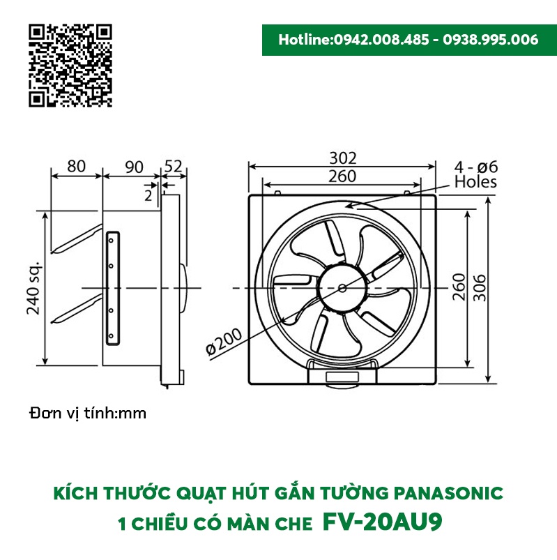 Quạt hút gắn tường Panasonic 1 chiều có màn che FV-20AU9