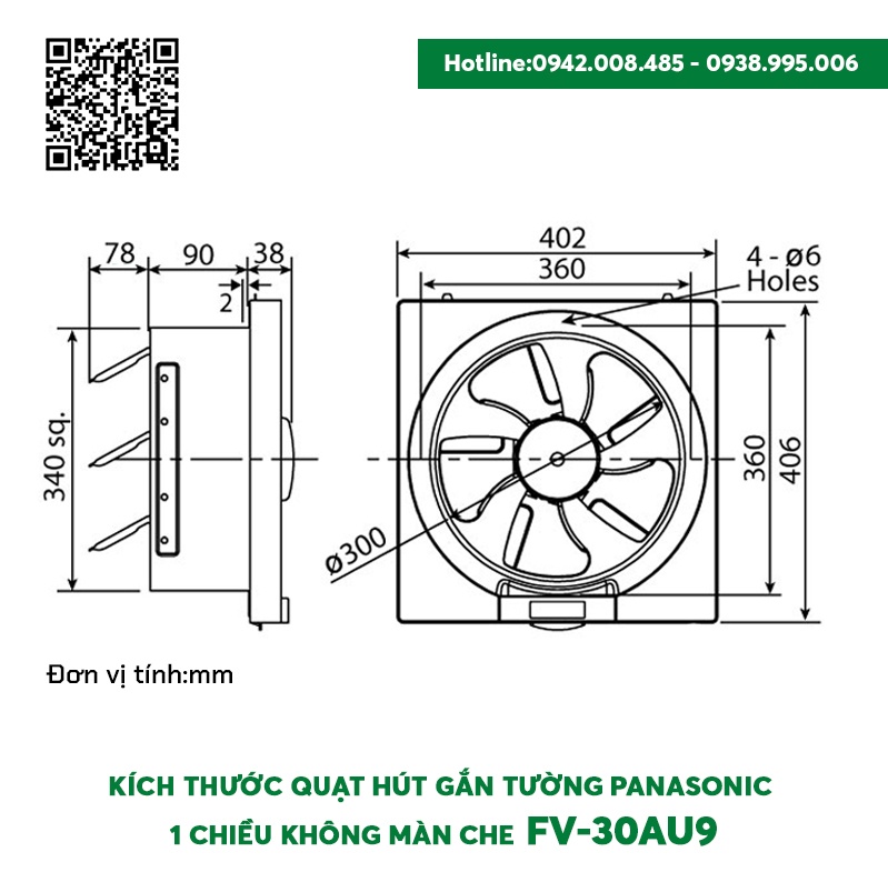 Quạt hút gắn tường Panasonic 1 chiều không màn che FV-30AU9