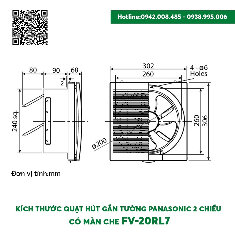 Quạt hút gắn tường Panasonic 2 chiều có màn che FV-20RL7