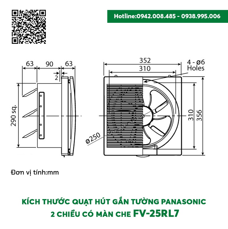 Quạt hút gắn tường Panasonic 2 chiều có màn che FV-25RL7