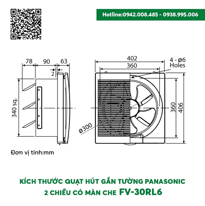 Quạt hút gắn tường Panasonic 2 chiều có màn che FV-30RL6