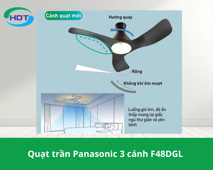 Quạt trần Panasonic 3 cánh F48DGL điều khiển từ xa bằng điện thoại và có đèn led