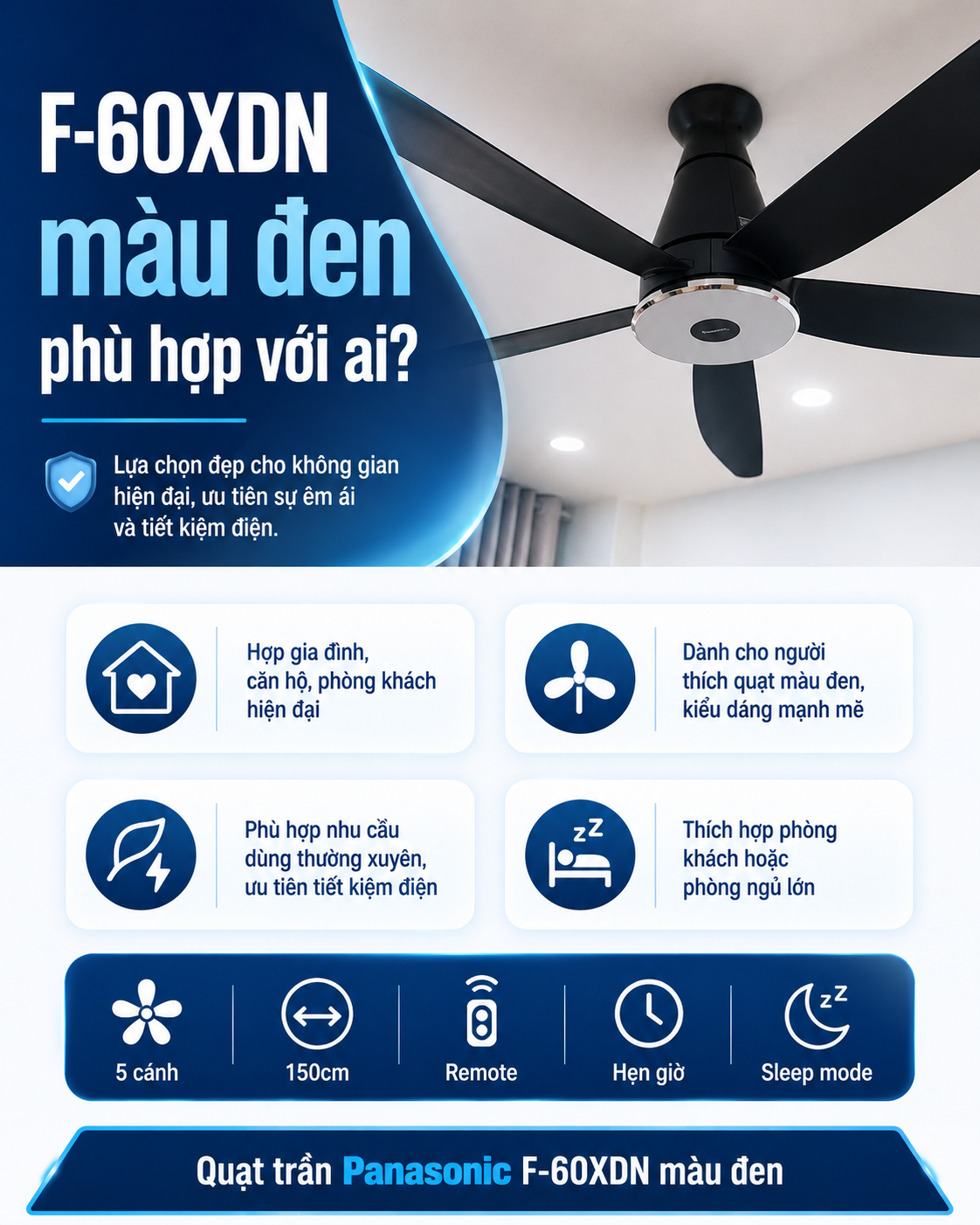Quạt Trần Panasonic 5 Cánh Màu Đen F-60XDN