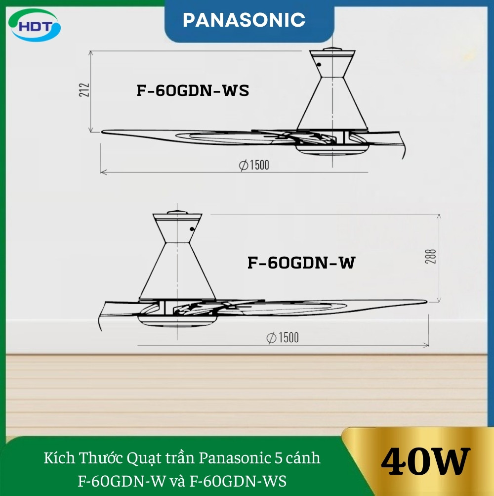 kích thước quạt trần panasonic 5 cánh f-60gdn màu trắng