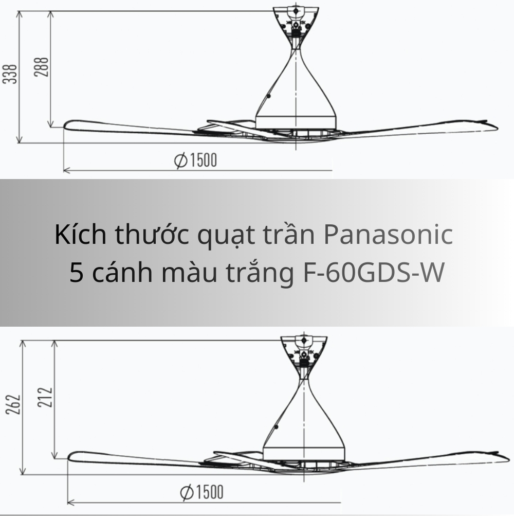 Kích thước quạt trần Panasonic 5 cánh F-60GDS-W màu trắng