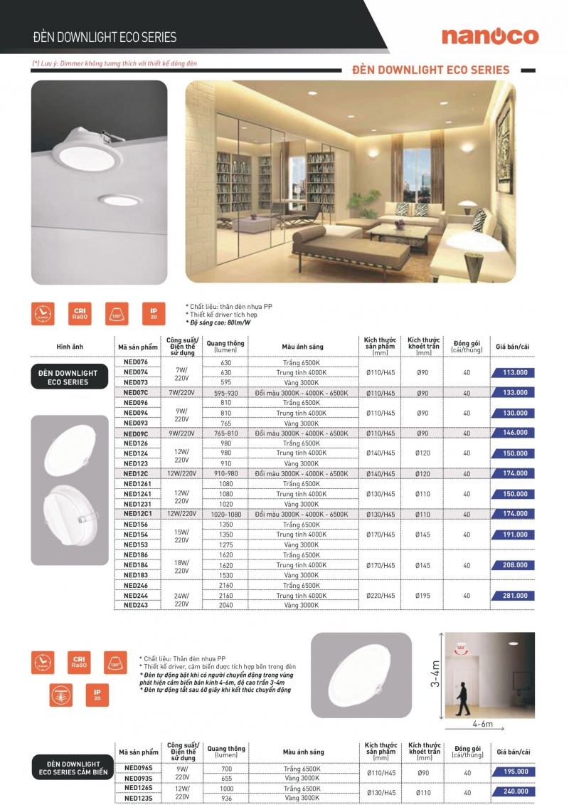 Đèn LED âm trần Nanoco dòng Eco ánh sáng đổi màu 7W NED07C