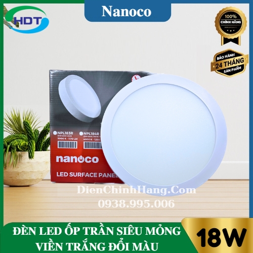 Đèn Led ốp trần nổi siêu mỏng tròn viền trắng đổi màu 18W Nanoco NPL18CRW