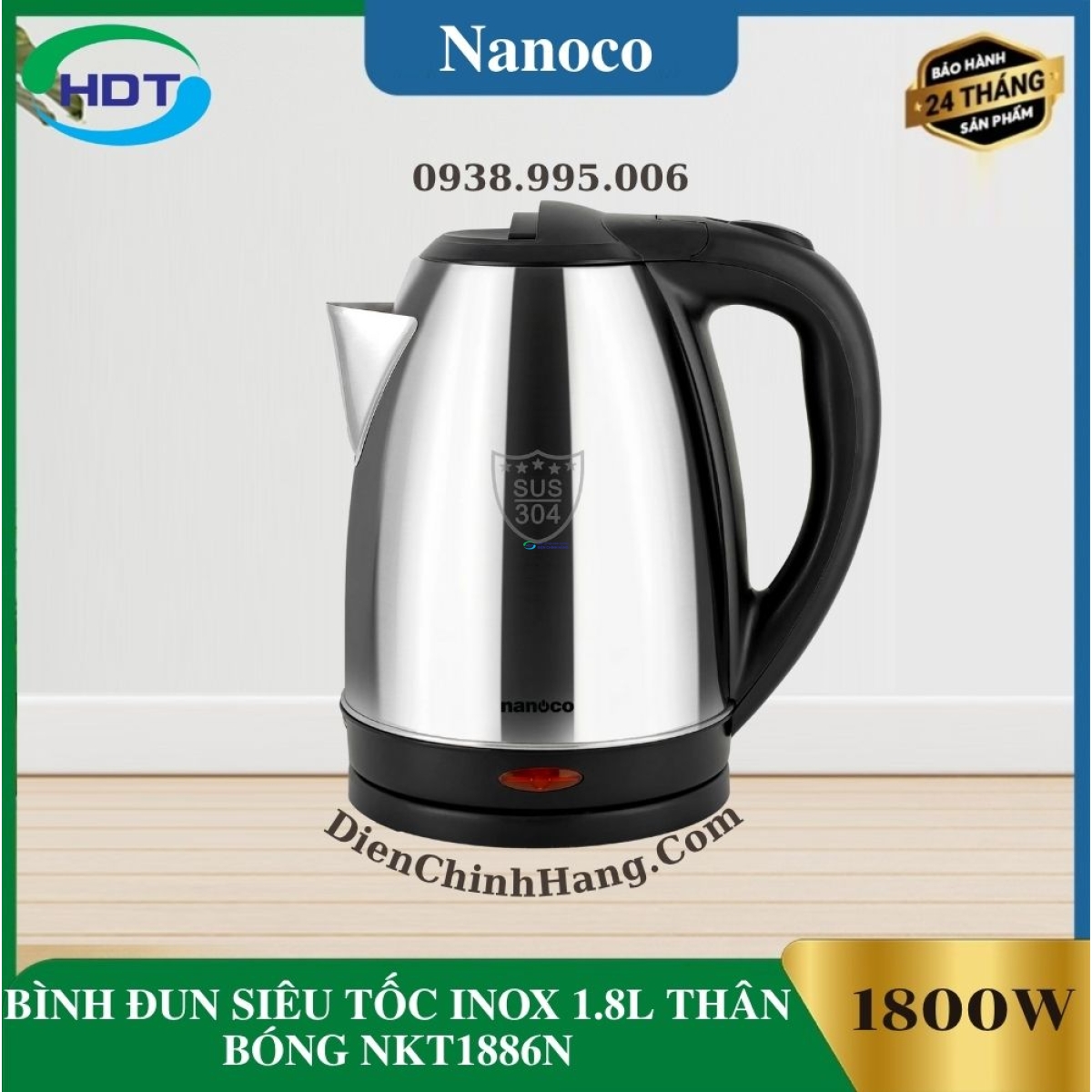 BÌNH ĐUN SIÊU TỐC INOX 1.8L THÂN BÓNG NKT1886N