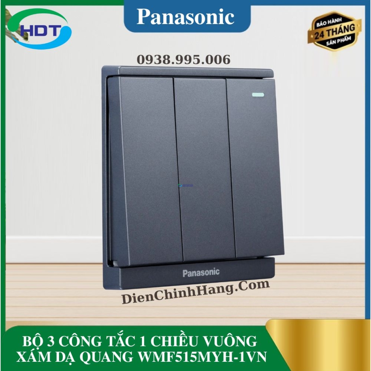 BỘ 3 CÔNG TẮC 1 CHIỀU VUÔNG XÁM DẠ QUANG WMF515MYH-1VN