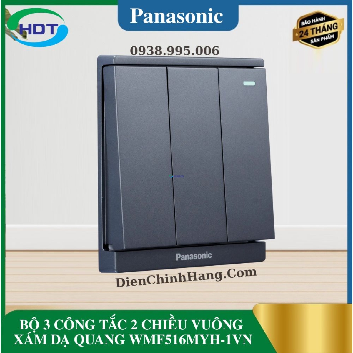 BỘ 3 CÔNG TẮC 2 CHIỀU VUÔNG XÁM DẠ QUANG WMF516MYH-1VN