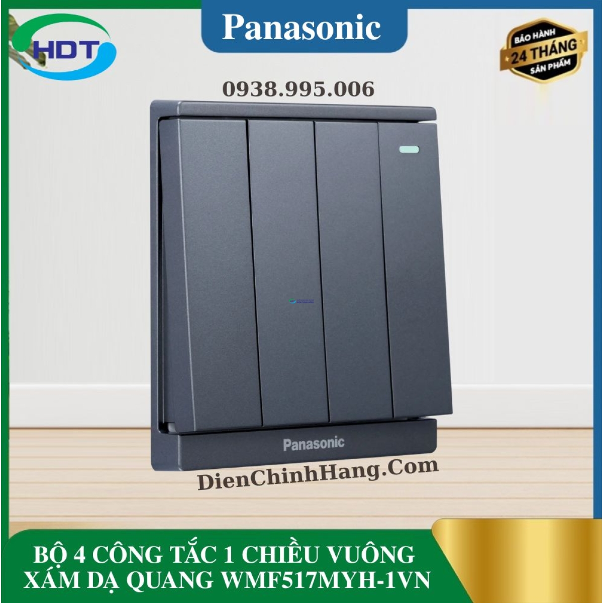 BỘ 4 CÔNG TẮC 1 CHIỀU VUÔNG XÁM DẠ QUANG WMF517MYH-1VN
