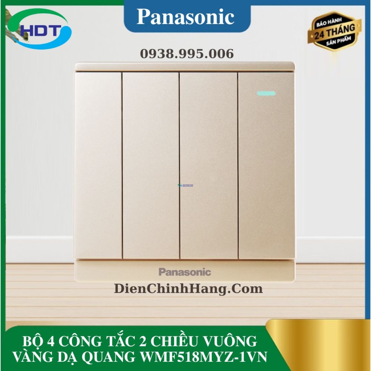 BỘ 4 CÔNG TẮC 2 CHIỀU VUÔNG VÀNG DẠ QUANG WMF518MYZ-1VN
