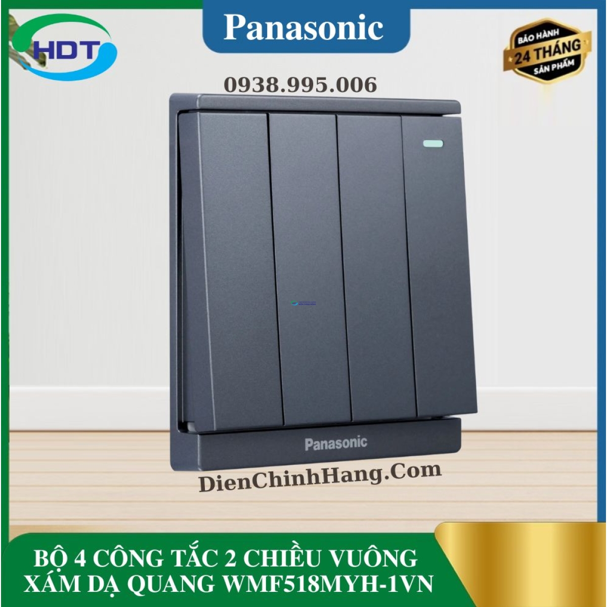 BỘ 4 CÔNG TẮC 2 CHIỀU VUÔNG XÁM DẠ QUANG WMF518MYH-1VN