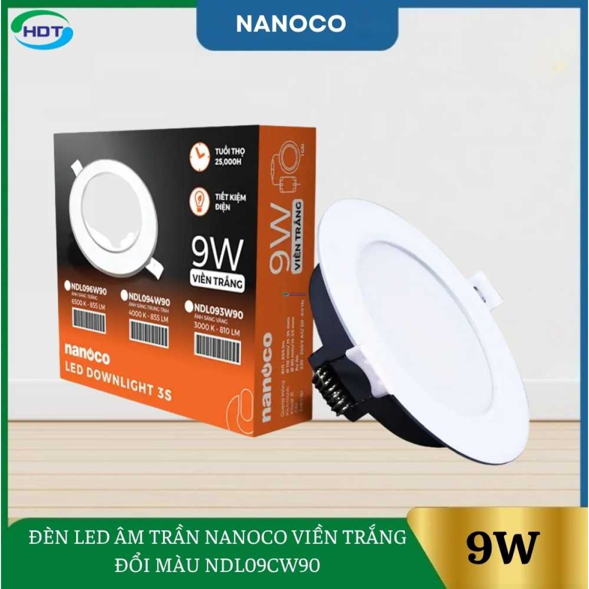 Đèn Led Âm Trần Nanoco 9W Viền Trắng Đổi Màu NDL09CW90