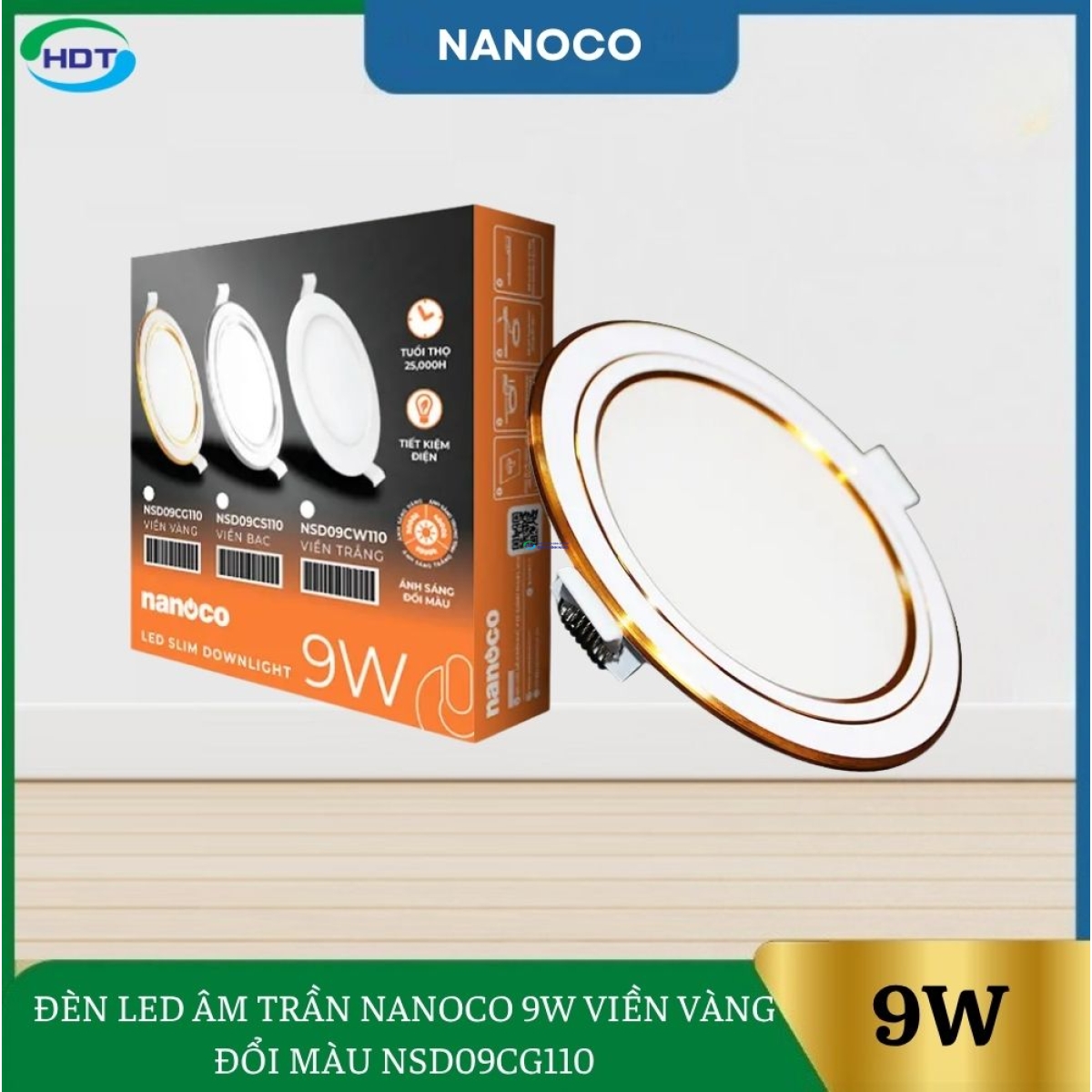 Đèn Led Âm Trần Nanoco 9W Viền Vàng Đổi Màu NSD09CG110