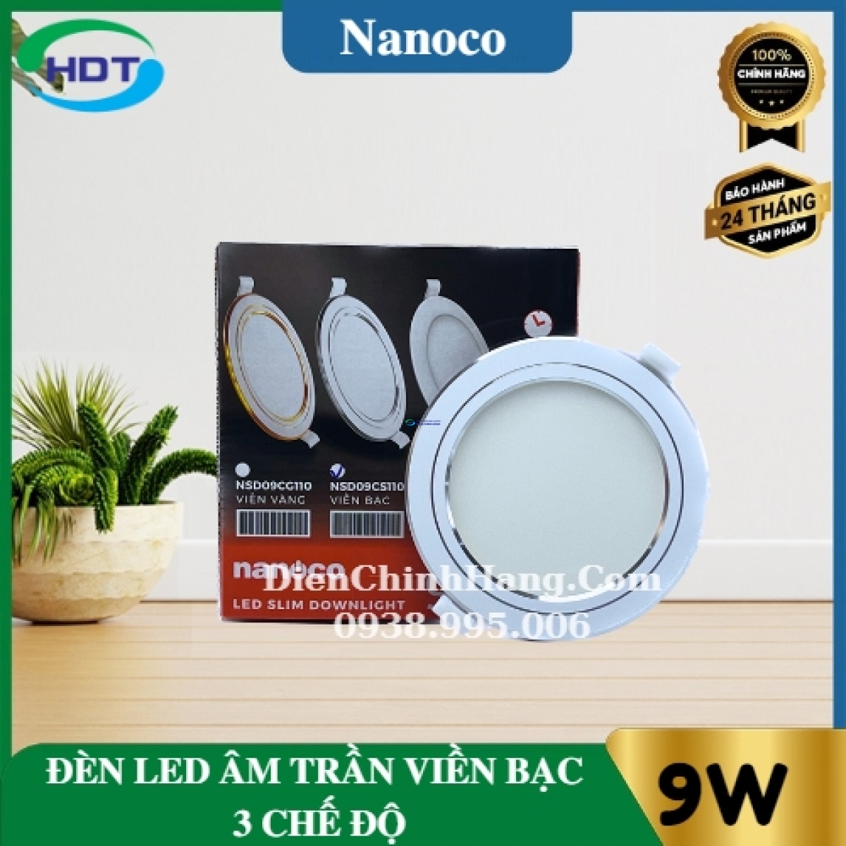 Đèn LED âm trần siêu mỏng Nanoco viền bạc đổi màu 9W NSD09CS110