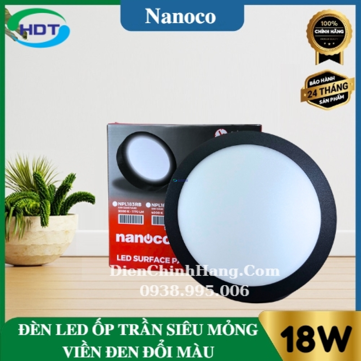 Đèn Led ốp trần nổi siêu mỏng tròn viền đen 18W 3 chế độ Nanoco NPL18CRB