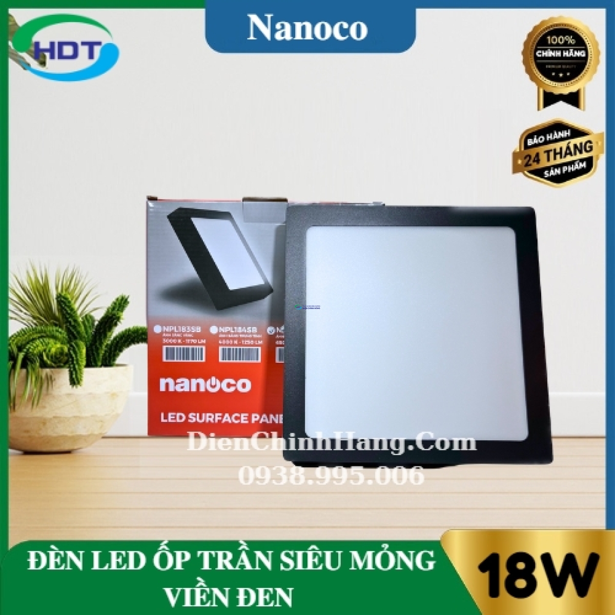 Đèn Led ốp trần nổi siêu mỏng vuông viền đen 18W Nanoco NPL183SB/ NPL184SB/ NPL186SB
