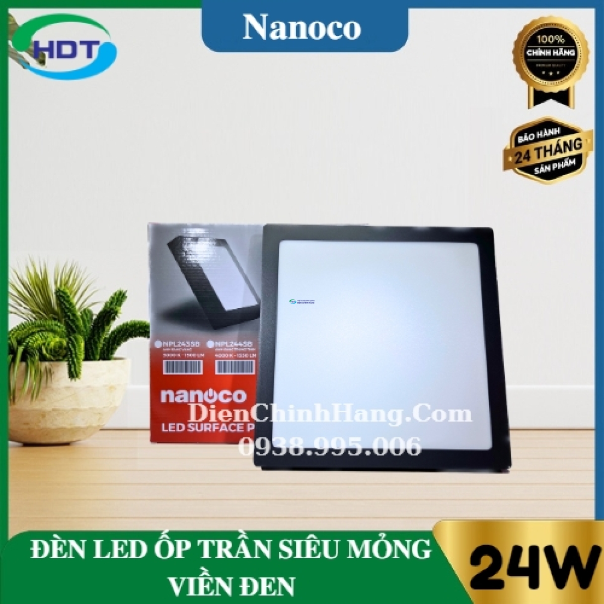 Đèn Led ốp trần nổi siêu mỏng vuông viền đen 24W Nanoco NPL243SB/ NPL244SB/ NPL246SB