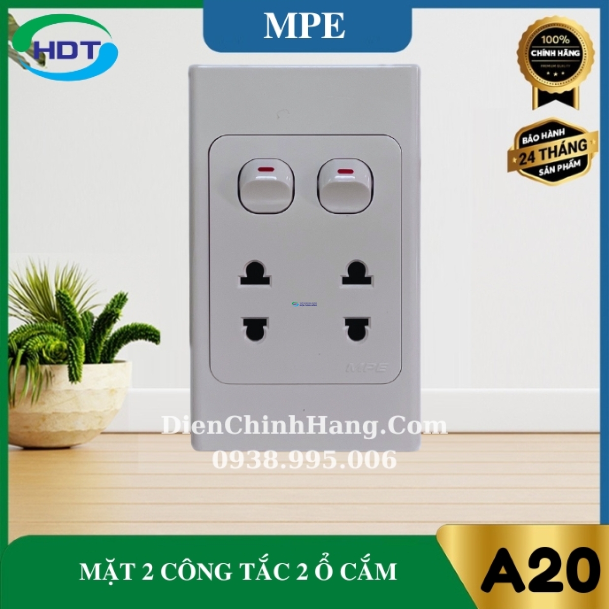 Ổ cắm đôi 2 chấu 16A + 2 lỗ MPE A20US2XXN