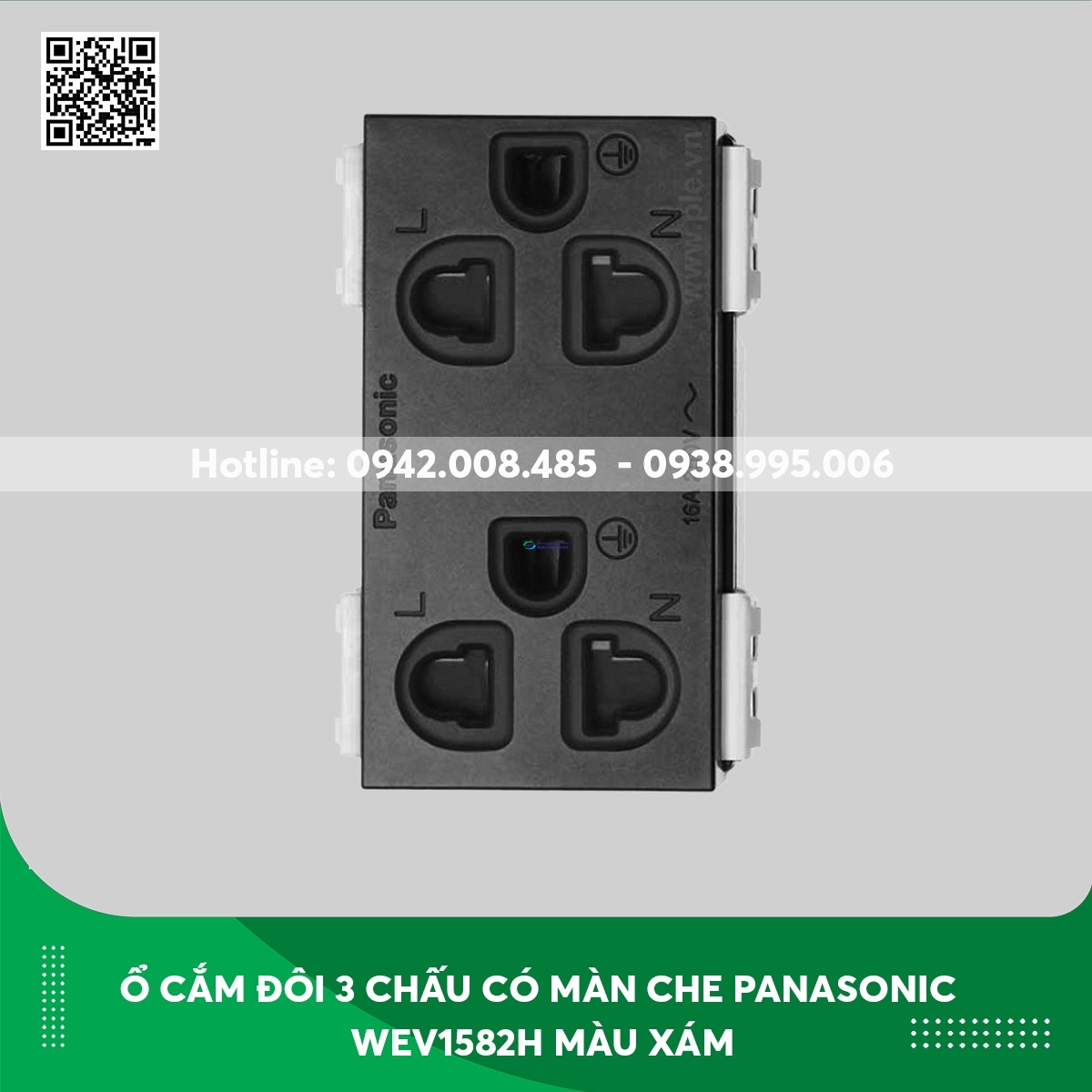 Ổ cắm đôi 3 chấu có màn che Panasonic dòng Wide WEV1582H loại cắm nhanh màu xám