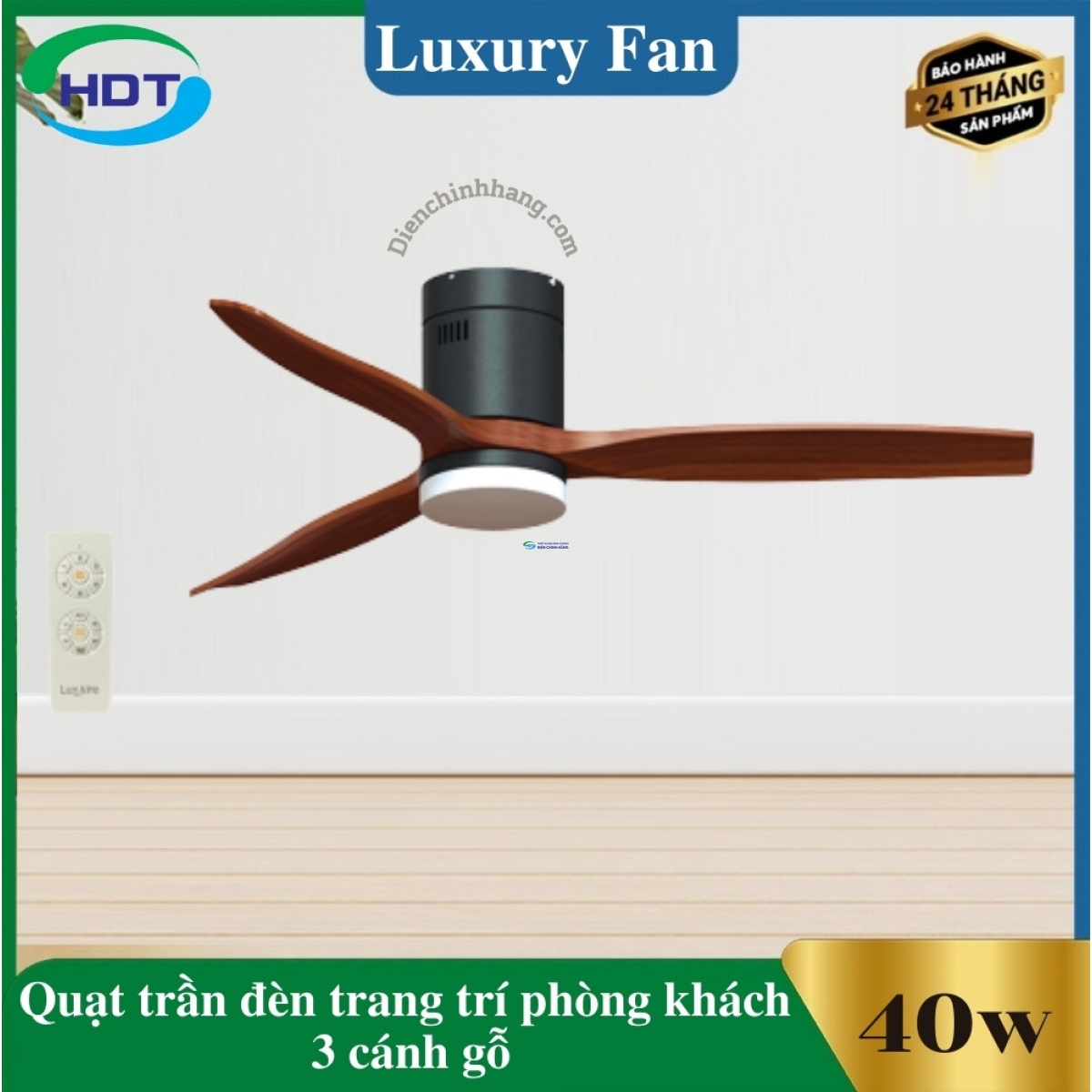 Quạt Trần Đèn Trang Trí Phòng Khách 3 cánh gỗ Ritter Hugger