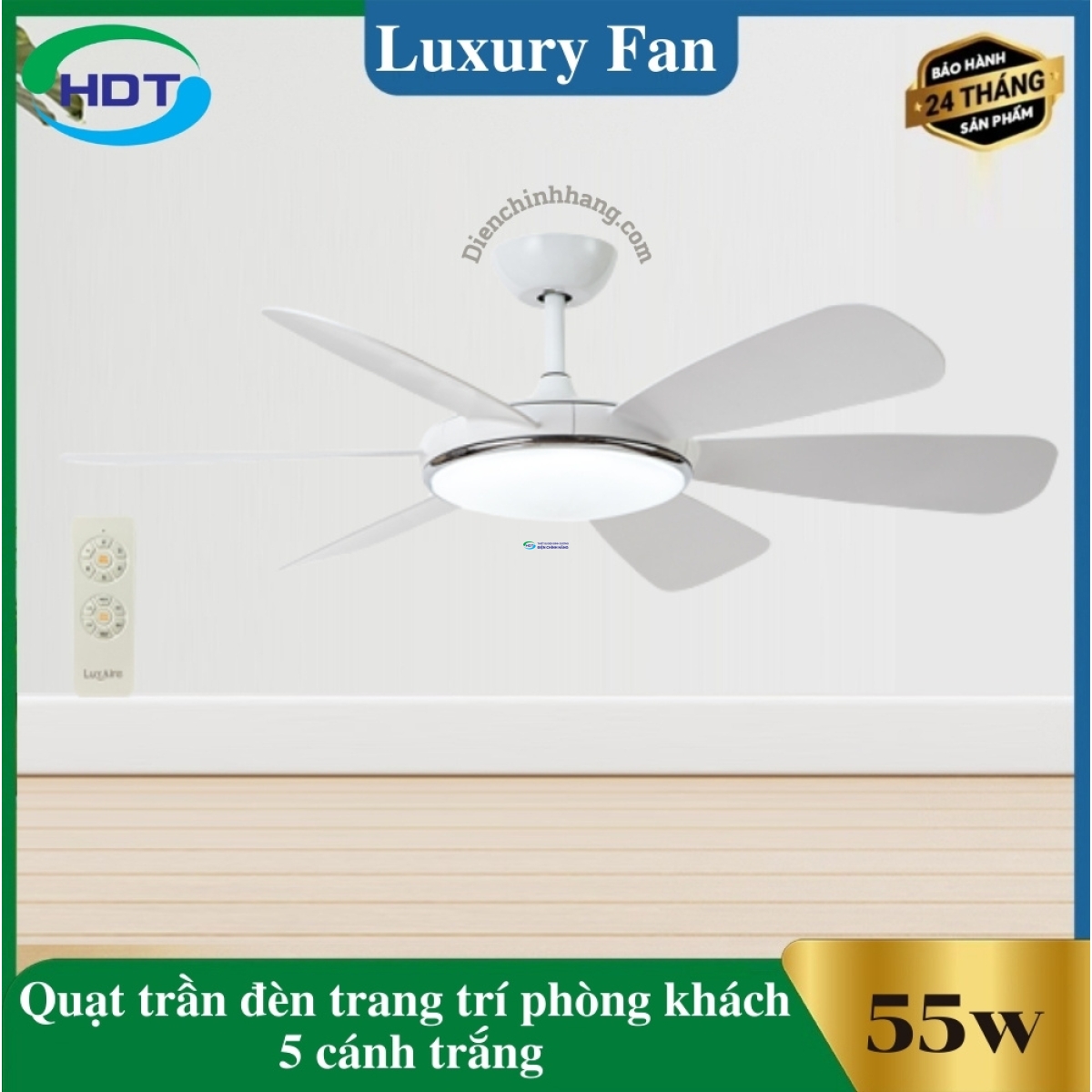 Quạt Trần Đèn Trang Trí Phòng Khách 5 cánh trắng Luxaire Daisy