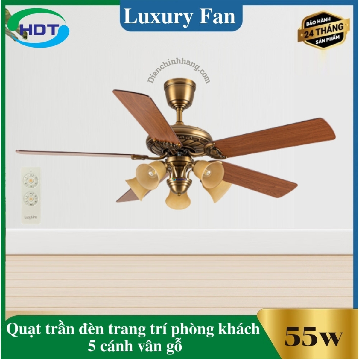 Quạt Trần Đèn Trang Trí Phòng Khách 5 cánh cổ điển