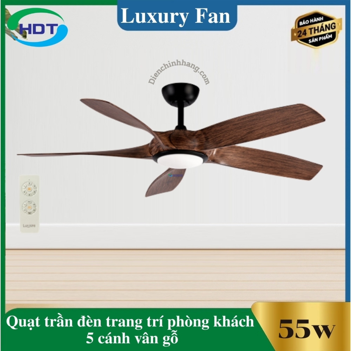 Quạt Trần Đèn Trang Trí Phòng Khách 5 cánh vân gỗ Luxaire Melody II