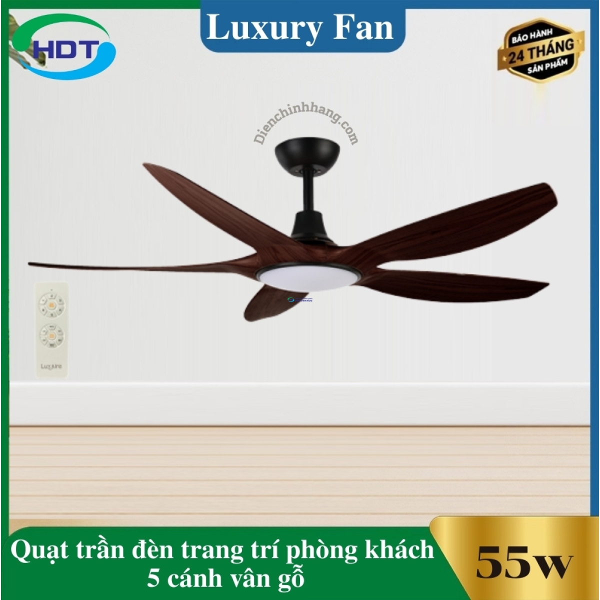 Quạt Trần Đèn Trang Trí Phòng Khách 5 cánh vân gỗ sậm Luxaire Melody II