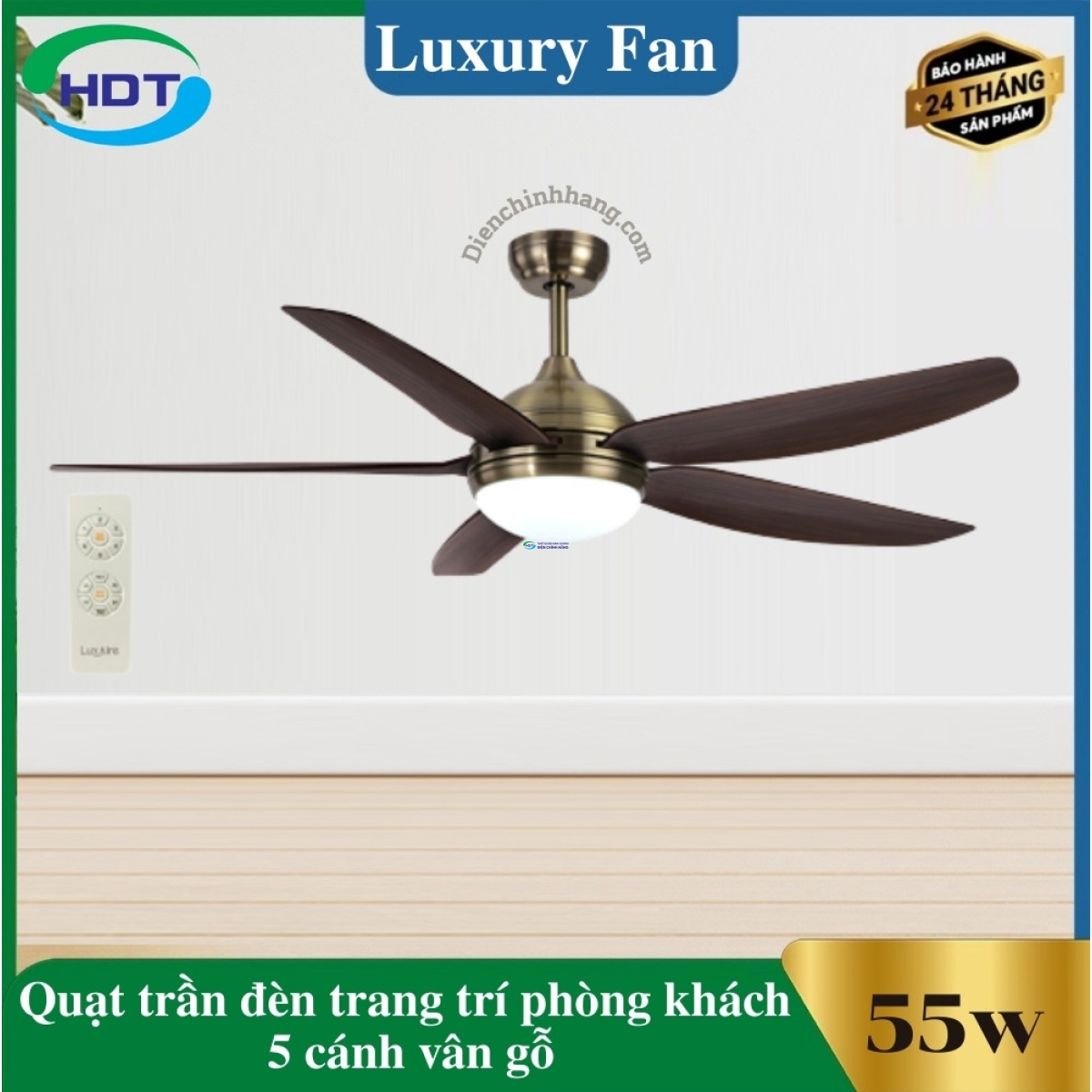 Quạt Trần Đèn Trang Trí Phòng Khách 5 cánh vân gỗ Luxaire Strong II