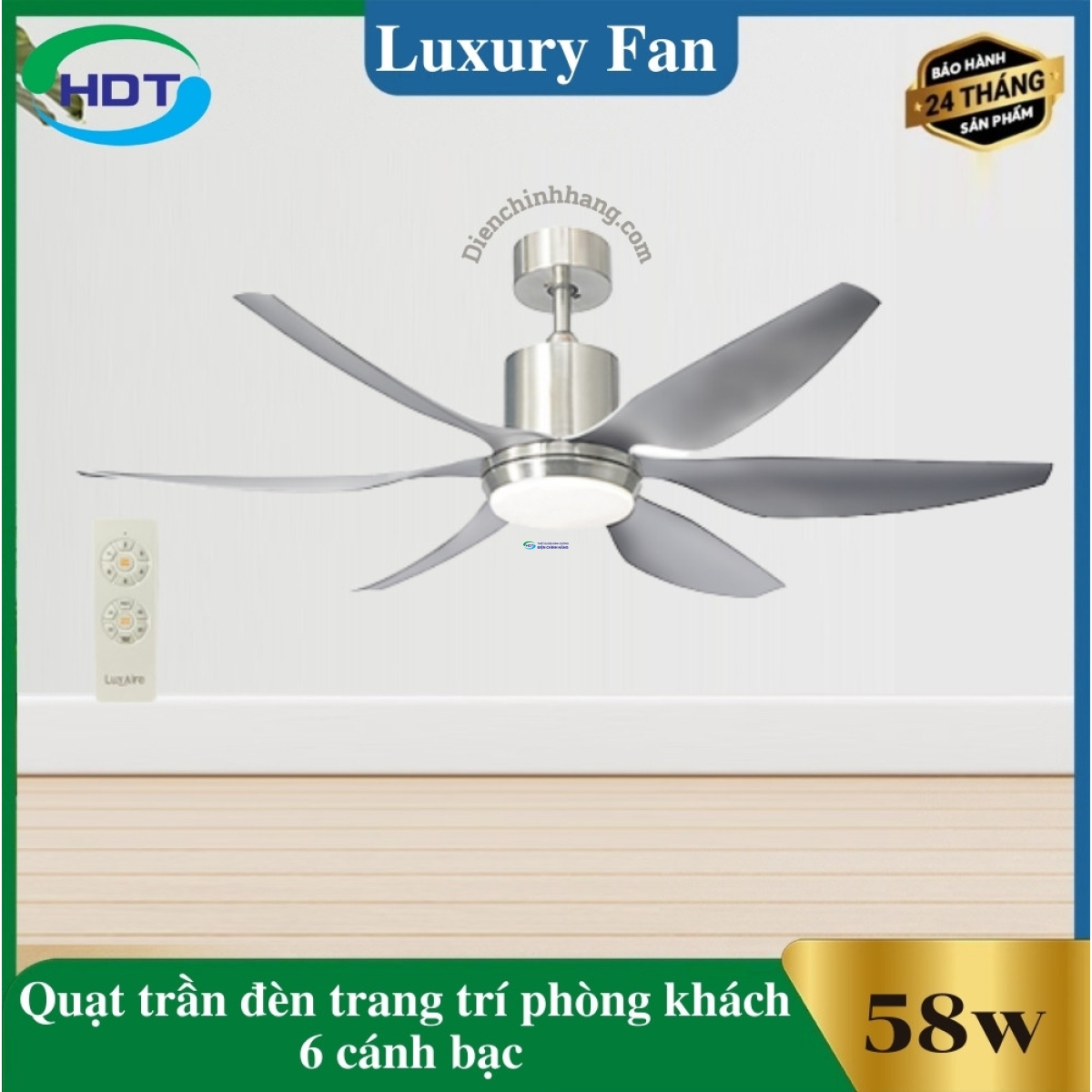 Quạt Trần Đèn Trang Trí Phòng Khách 6 cánh bạc