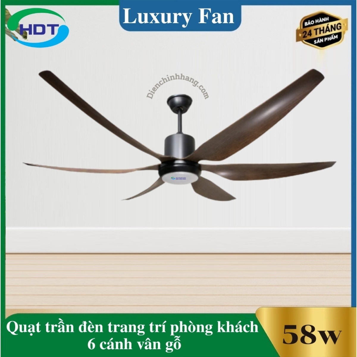 Quạt Trần Đèn Trang Trí Phòng Khách 6 cánh vân gỗ