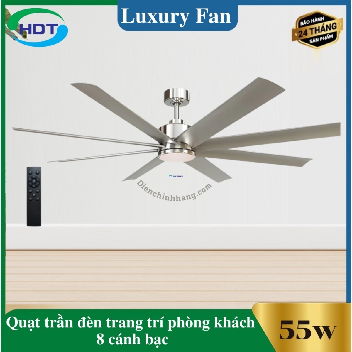 Quạt Trần Đèn Trang Trí Phòng Khách 8 cánh bạc Luxaire X8