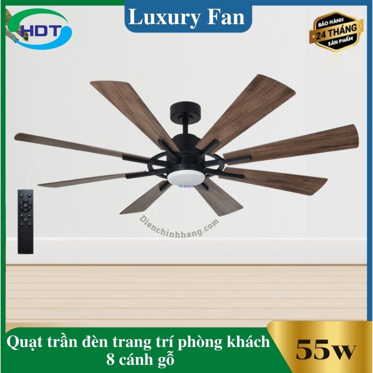 Quạt Trần Đèn Trang Trí Phòng Khách 8 cánh gỗ thân đen Luxaire X8