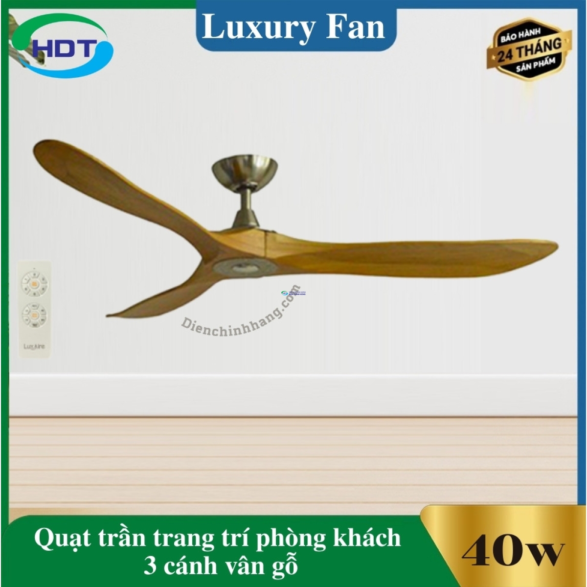 Quạt Trần Trang Trí Phòng Khách 3 Cánh Gỗ, Thân Bạc Luxaire Slider
