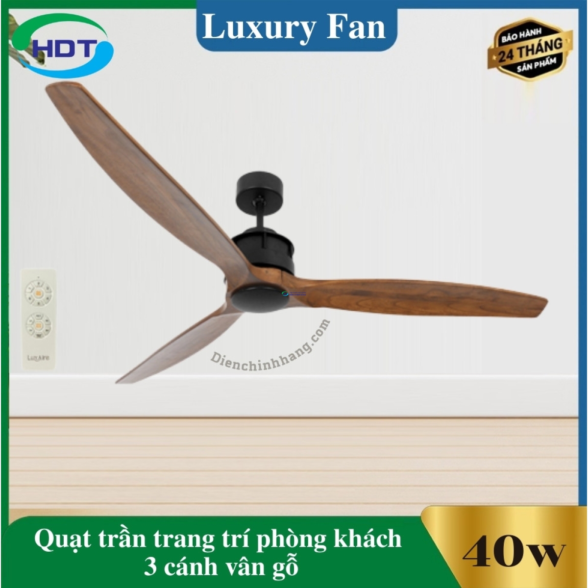 Quạt Trần Trang Trí Phòng Khách 3 Cánh Gỗ, Thân Đen Luxaire Akami