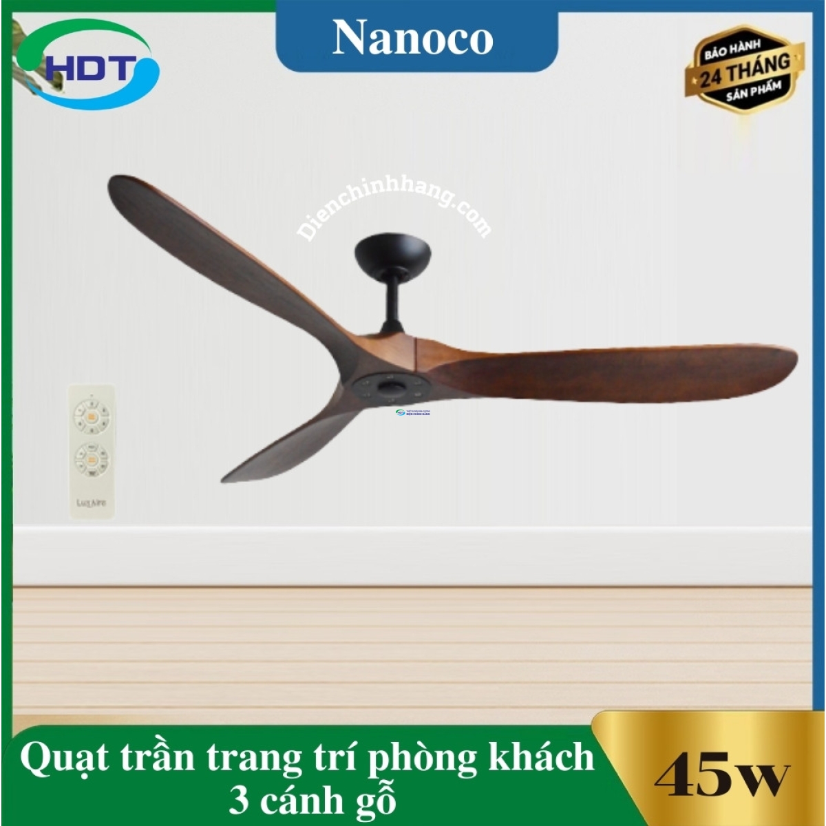 Quạt Trần Trang Trí Phòng Khách 3 cánh gỗ, thân đen Luxaire Slider