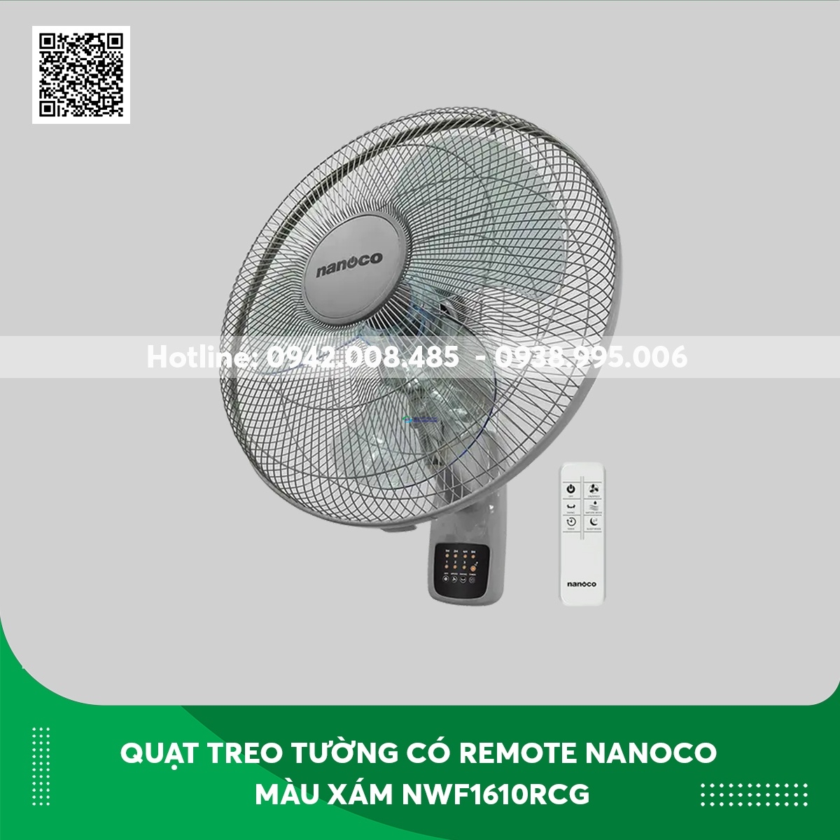 Quạt treo tường có remote Nanoco màu xám NWF1610RC-G