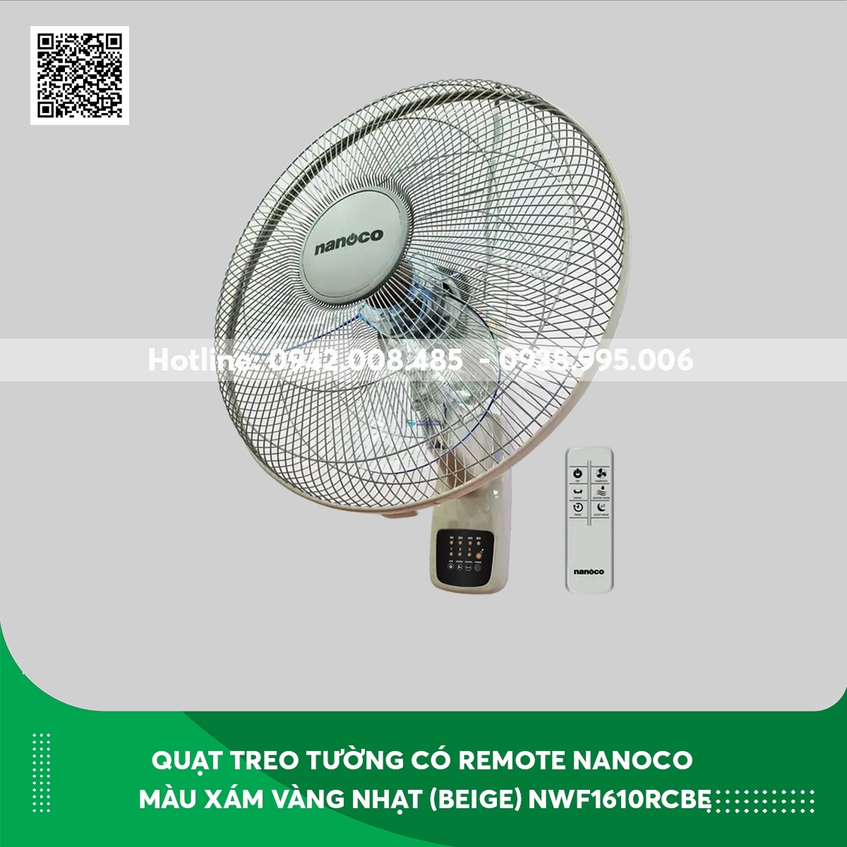 Quạt treo tường có remote Nanoco màu xám vàng nhạt (beige) NWF1610RC-BE