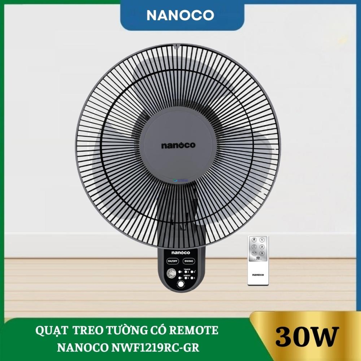 Quạt Treo Tường Có Remote Nanoco NWF1219RC-GR