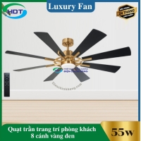 Quạt Trần Đèn Trang Trí Phòng Khách 8 cánh đen thân vàng Luxaire X8