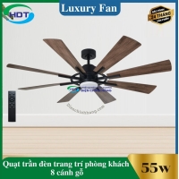 Quạt Trần Đèn Trang Trí Phòng Khách 8 cánh gỗ thân đen Luxaire X8