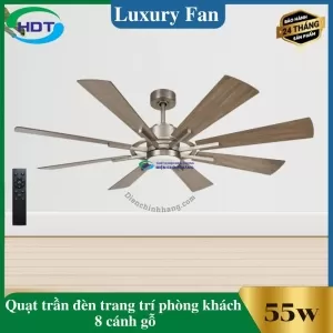 Quạt Trần Đèn Trang Trí Phòng Khách 8 cánh gỗ thân bạc Luxaire X8