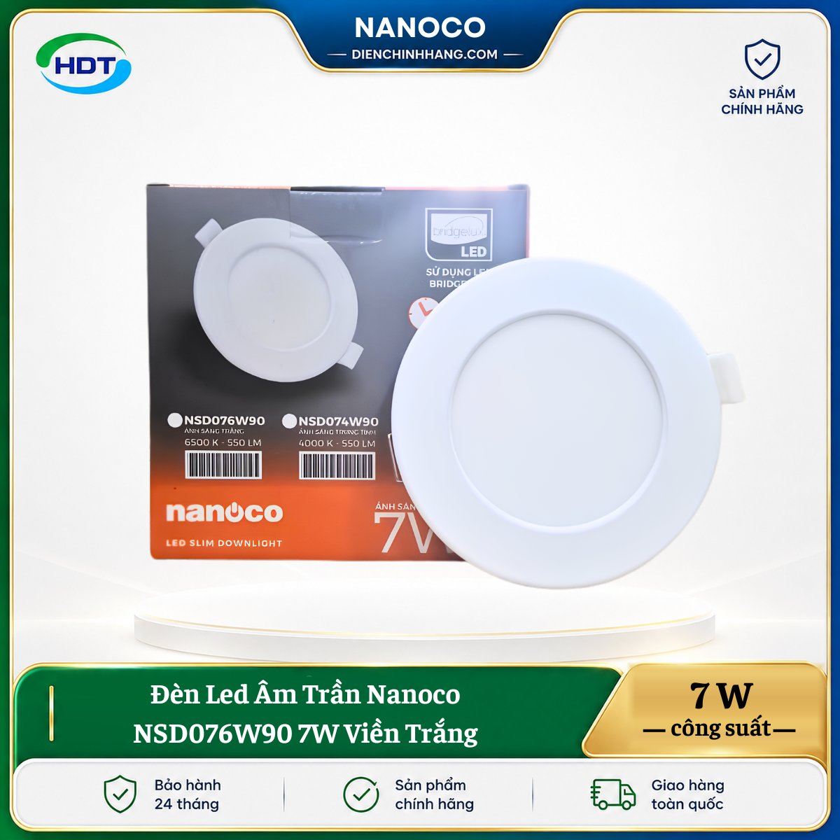 Đèn LED âm trần Nanoco NSD076W90 7W viền trắng