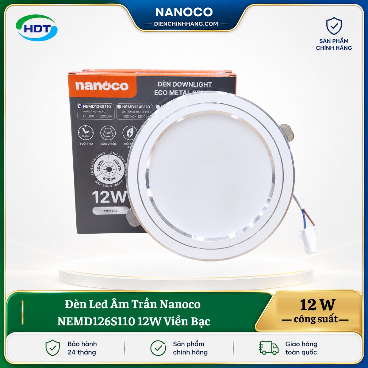 Đèn LED âm trần Nanoco NEMD126S110 12W viền bạc