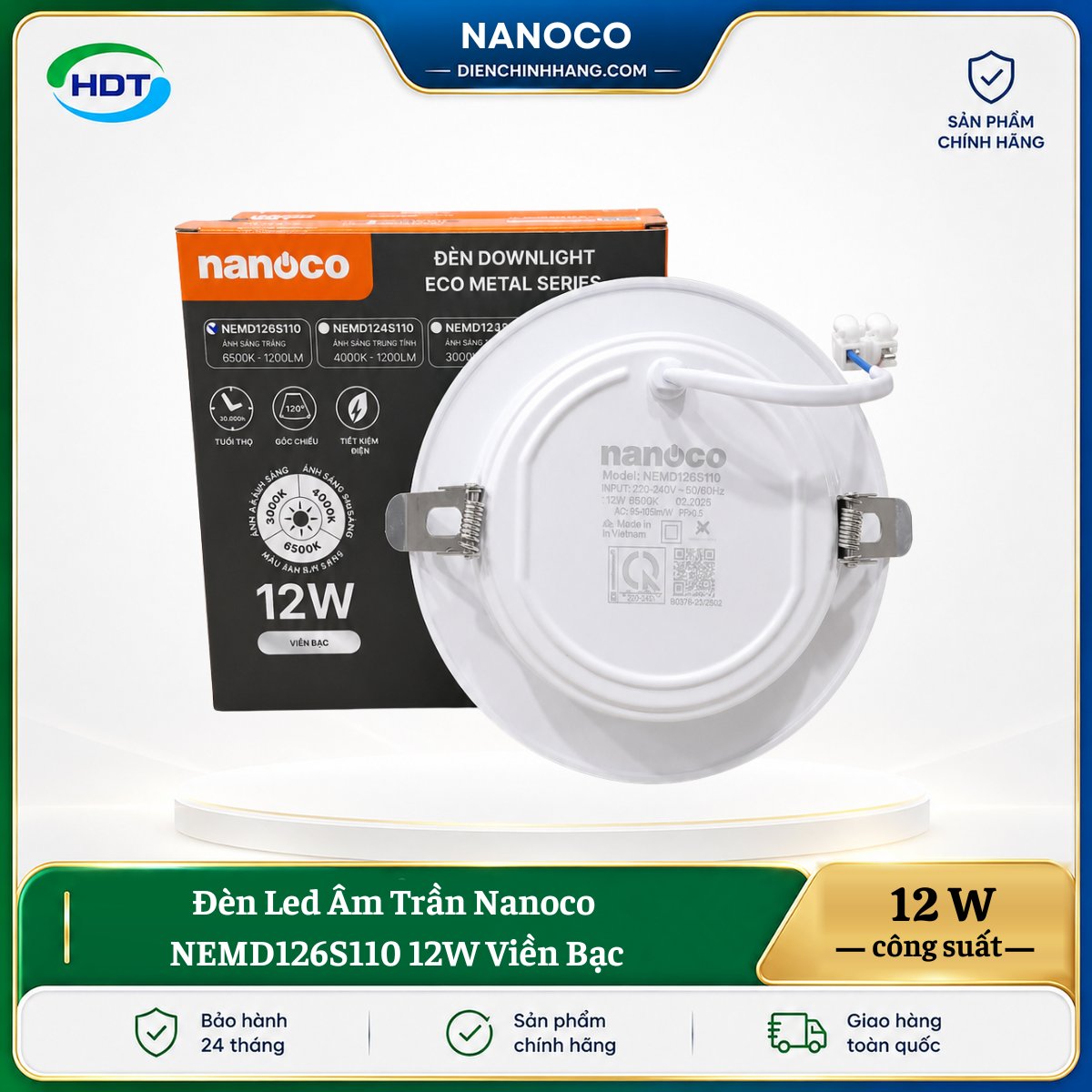 Đèn LED âm trần Nanoco NEMD126S110 12W viền bạc