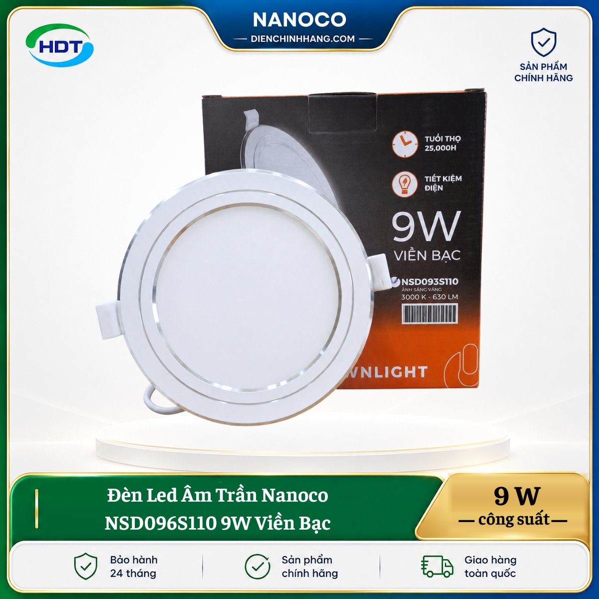 Đèn LED âm trần Nanoco NSD096S110 9W viền bạc